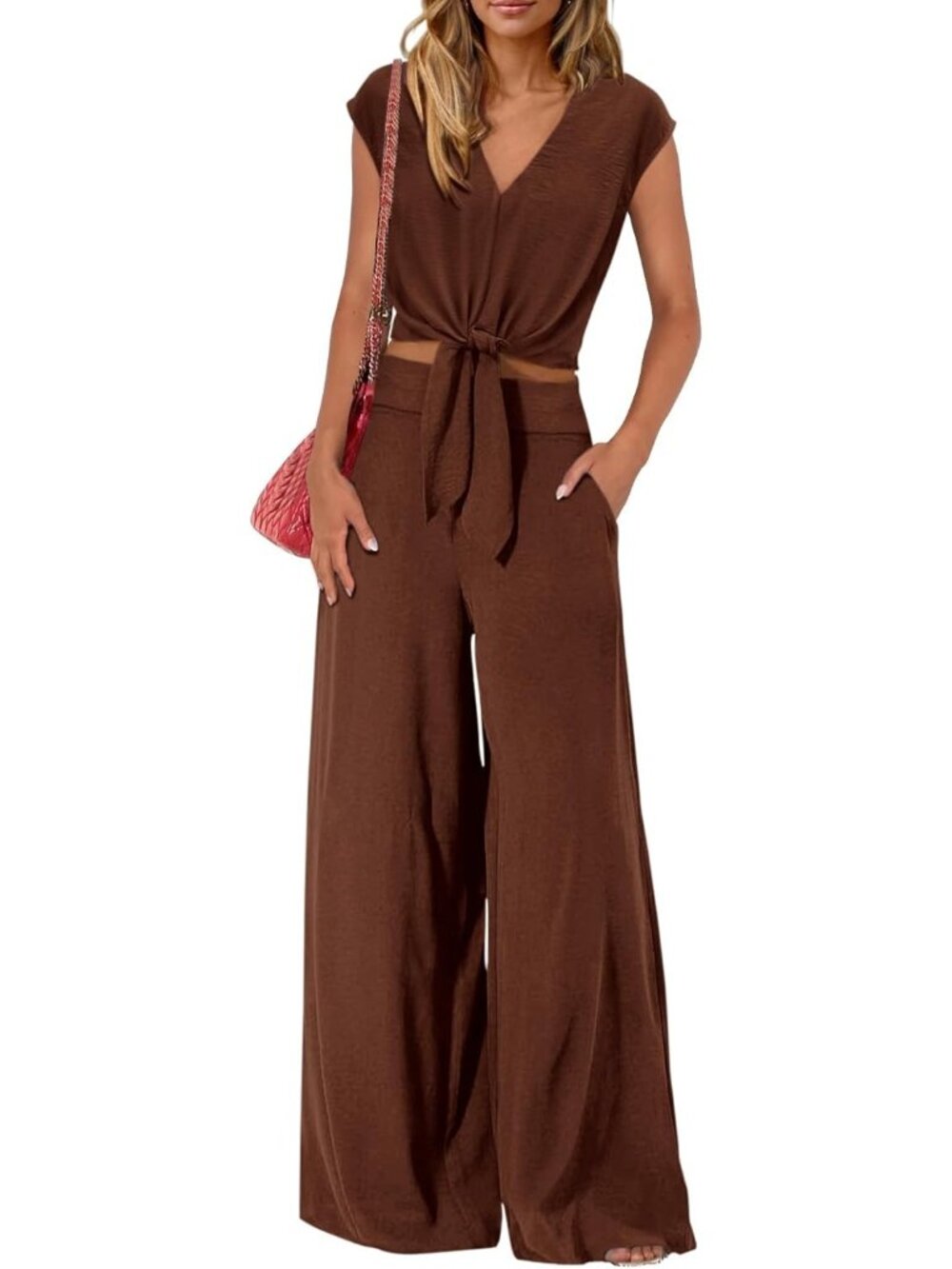 Women's Coffee Summer 2 Piece Outfits Cap Sleeve V Neck Belted Crop Tops